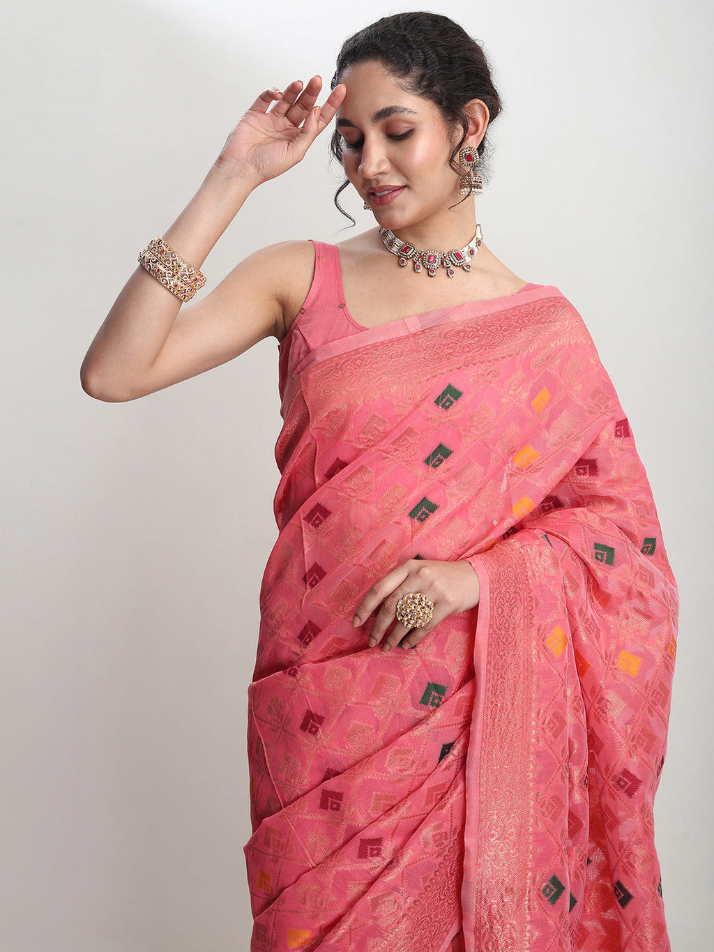 Janasya Peach Linen Blend Geometric Jacquard Saree - Distacart