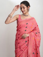 Janasya Peach Linen Blend Geometric Jacquard Saree - Distacart