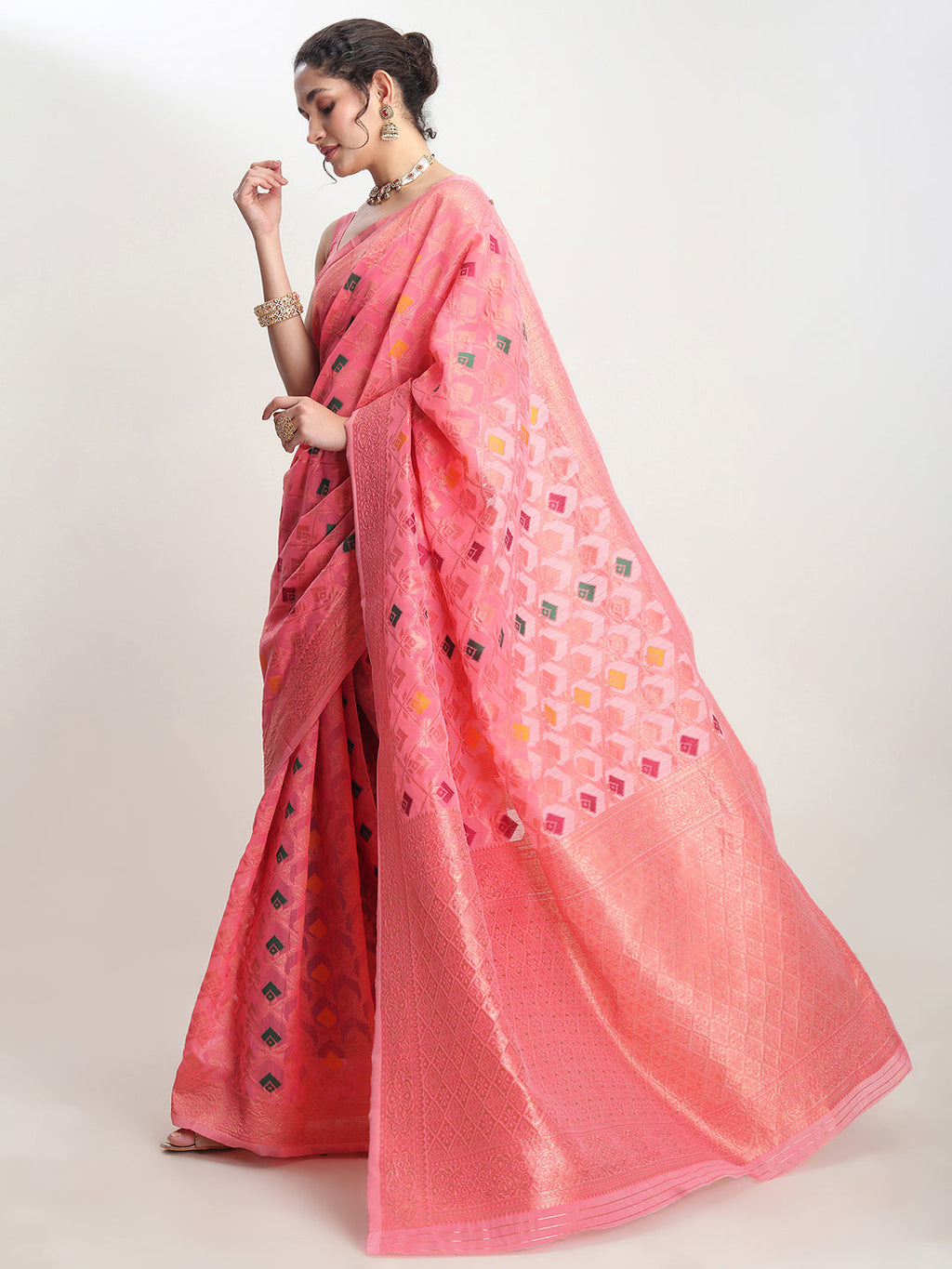 Janasya Peach Linen Blend Geometric Jacquard Saree - Distacart