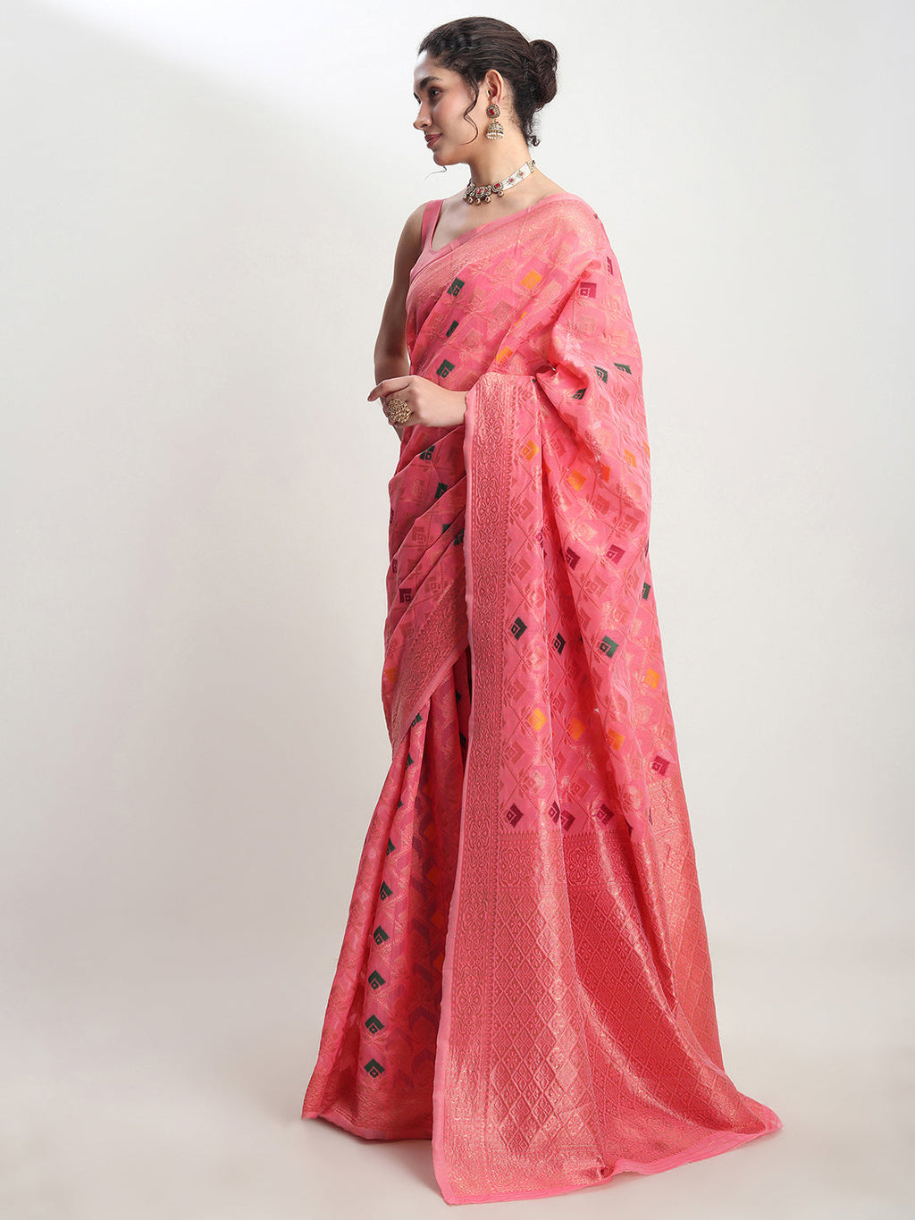 Janasya Peach Linen Blend Geometric Jacquard Saree - Distacart