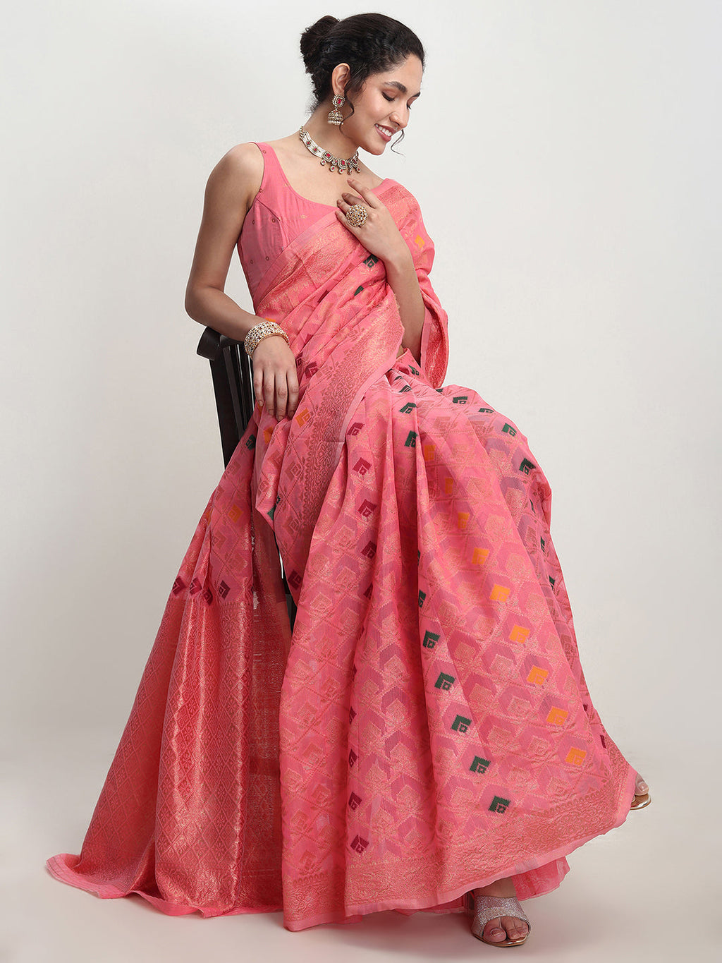 Janasya Peach Linen Blend Geometric Jacquard Saree - Distacart