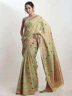 Janasya Light Green Linen Blend Floral Jacquard Saree - Distacart
