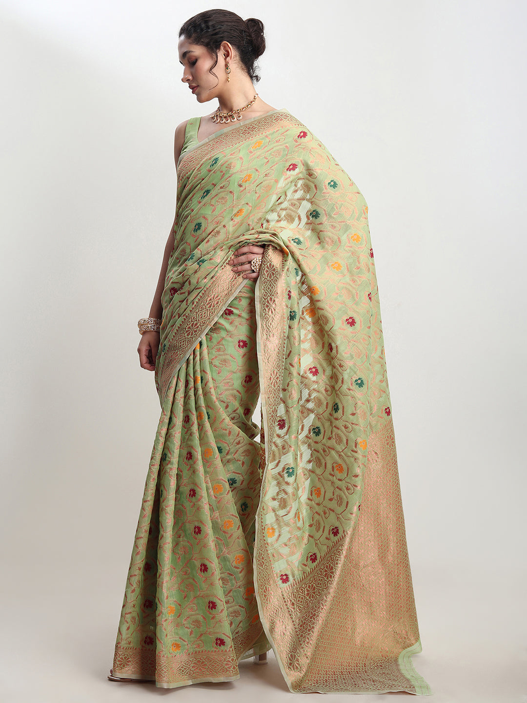 Janasya Light Green Linen Blend Floral Jacquard Saree - Distacart