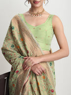 Janasya Light Green Linen Blend Floral Jacquard Saree - Distacart
