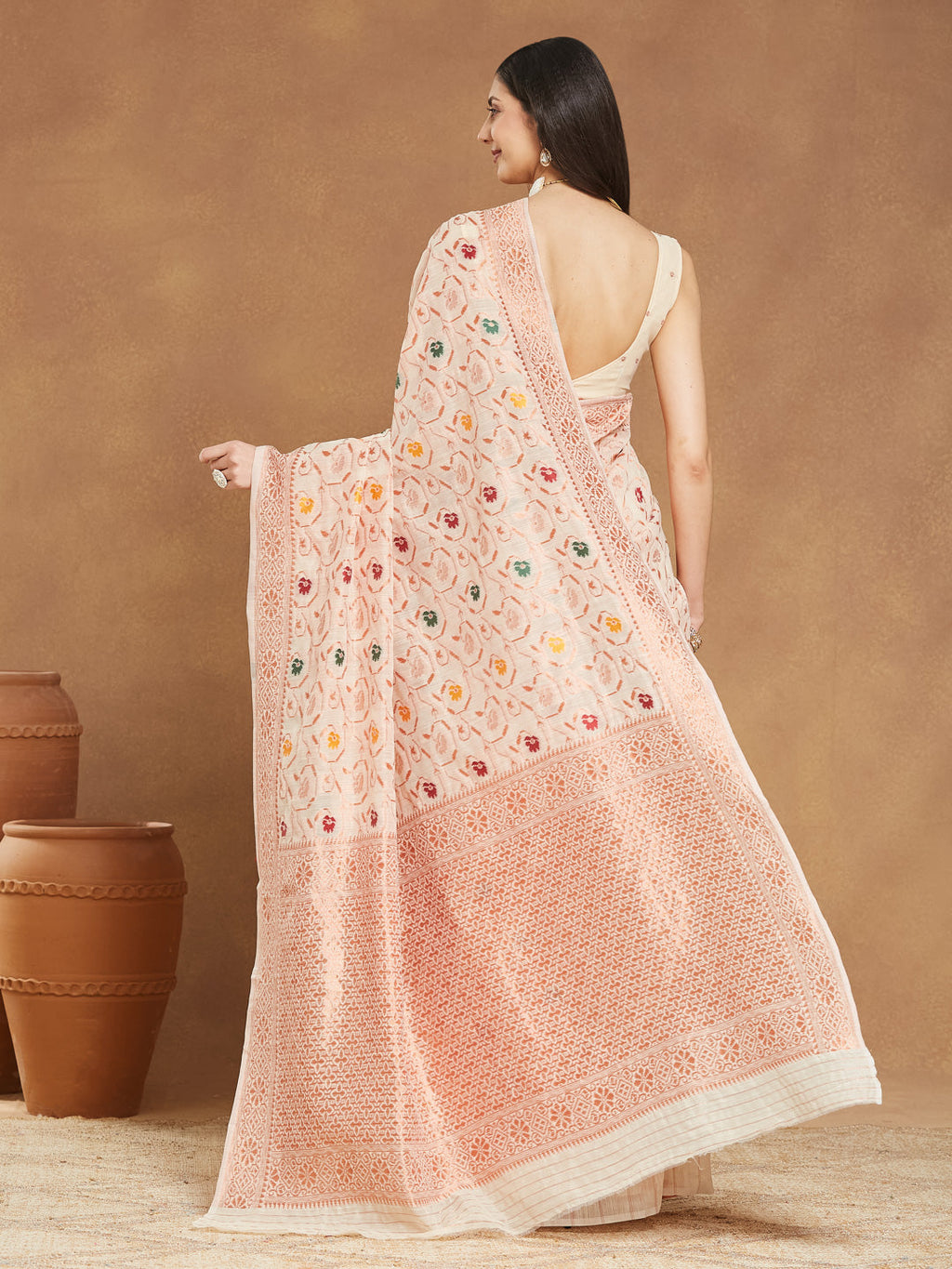 Janasya Light Peach Linen Blend Patola Jacquard Saree - Distacart