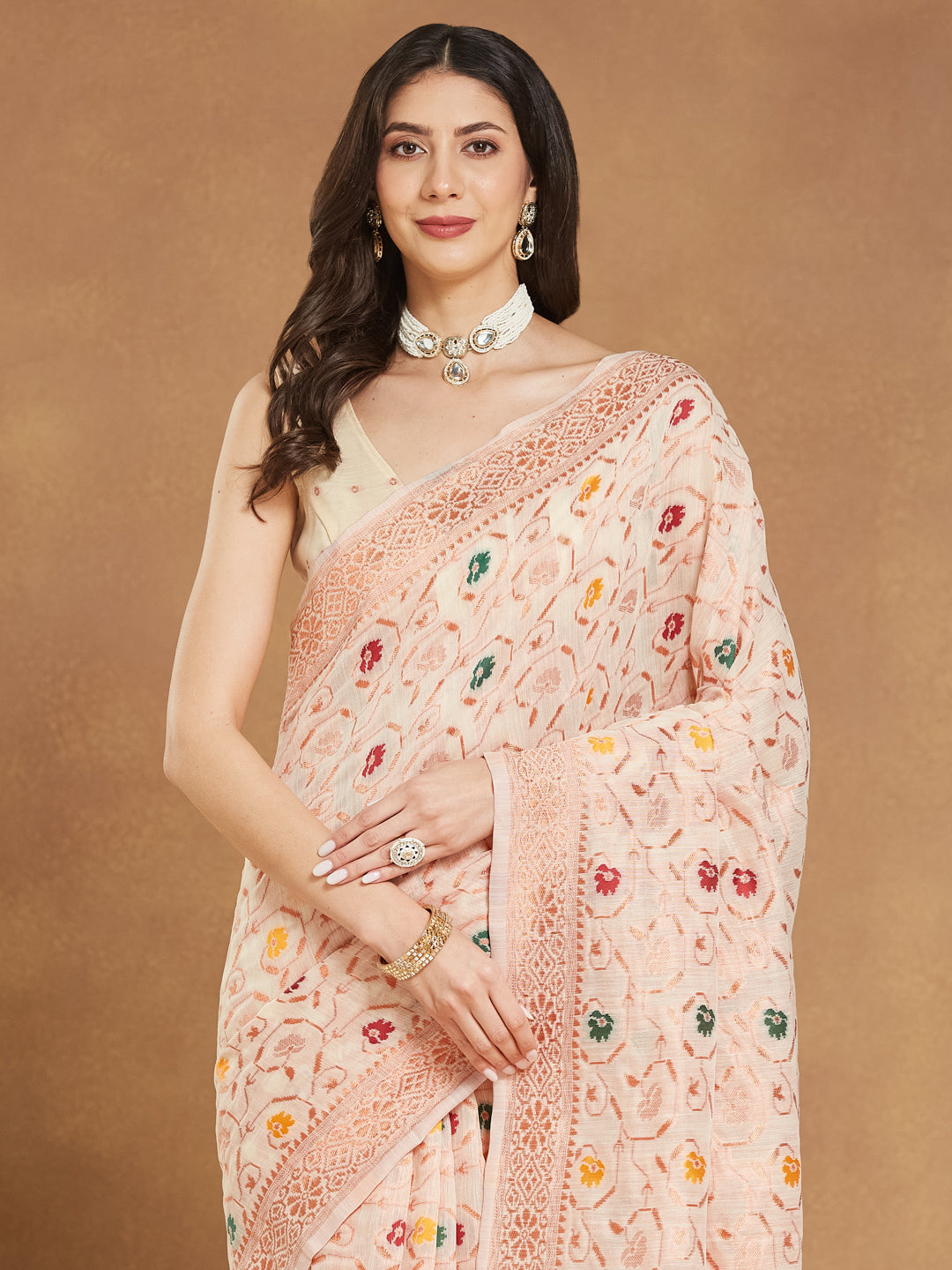 Janasya Light Peach Linen Blend Patola Jacquard Saree - Distacart