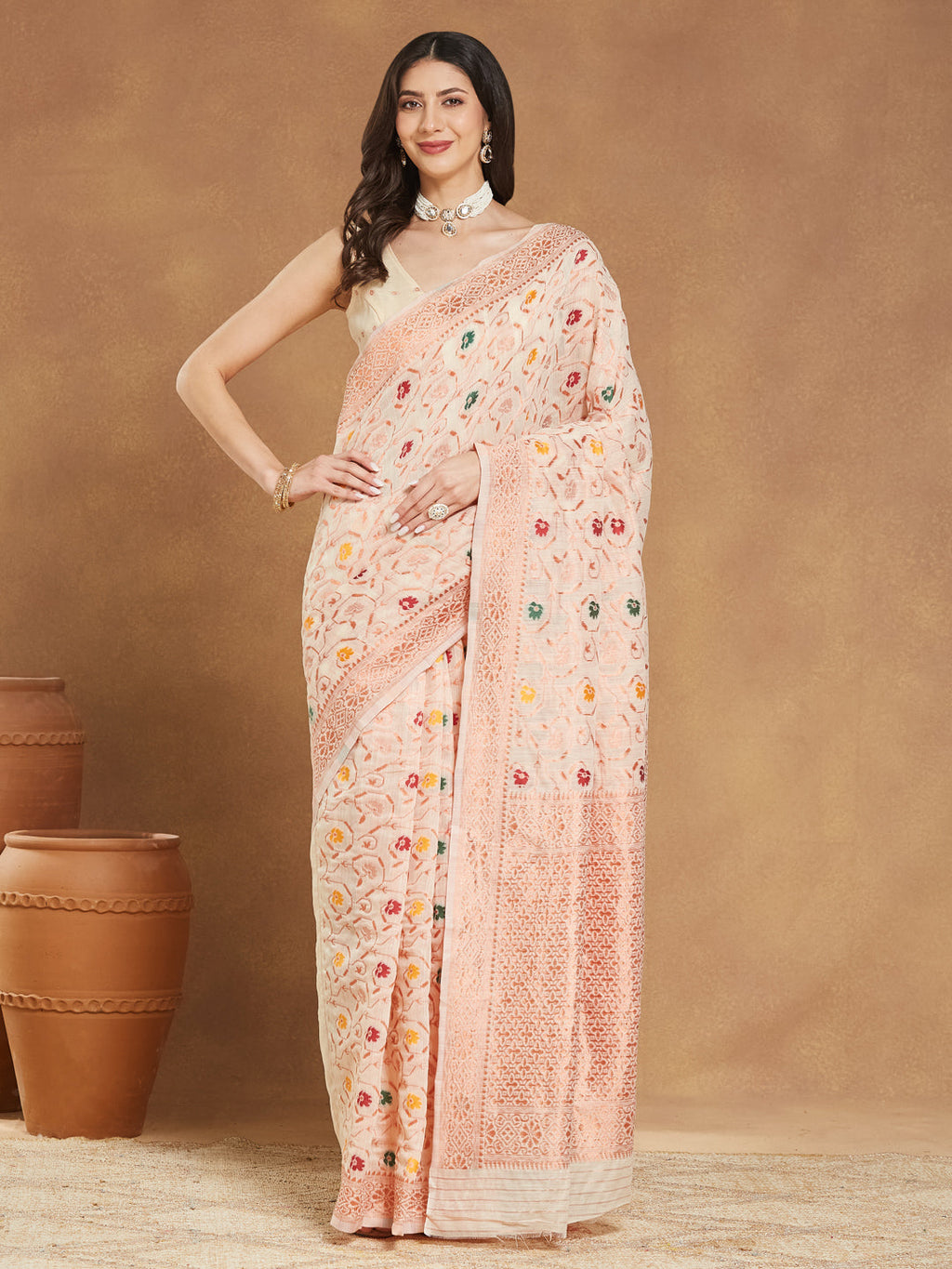 Janasya Light Peach Linen Blend Patola Jacquard Saree - Distacart