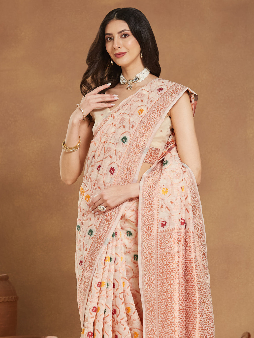 Janasya Light Peach Linen Blend Patola Jacquard Saree - Distacart