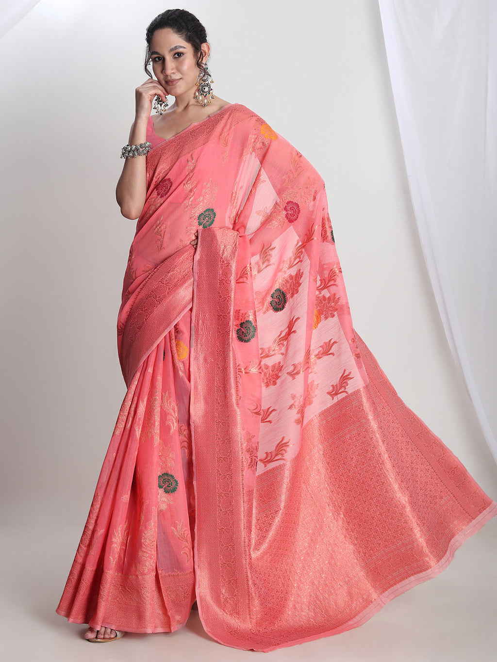 Janasya Peach Linen Blend Floral Jacquard Saree - Distacart