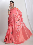 Janasya Peach Linen Blend Floral Jacquard Saree - Distacart