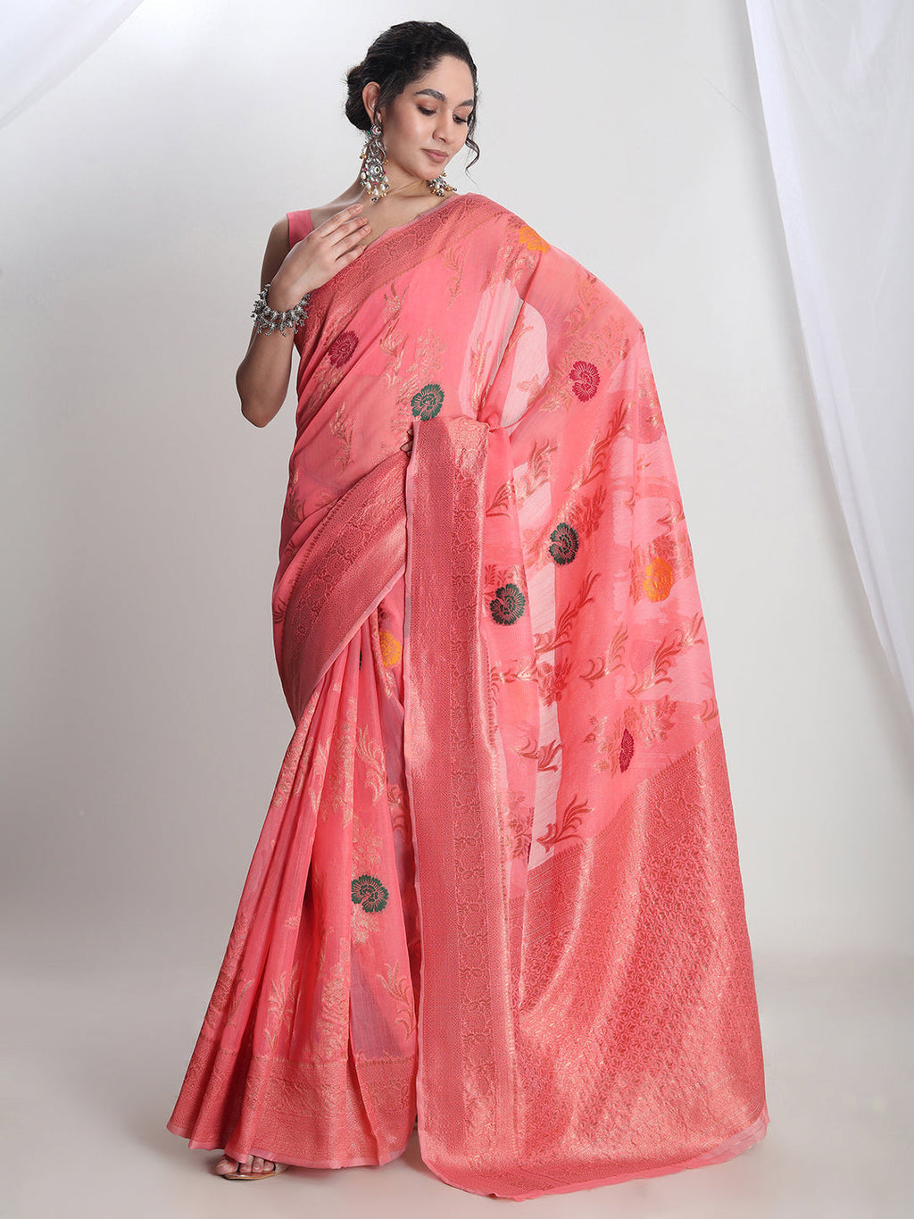 Janasya Peach Linen Blend Floral Jacquard Saree - Distacart