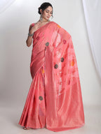 Janasya Peach Linen Blend Floral Jacquard Saree - Distacart