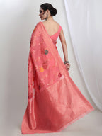 Janasya Peach Linen Blend Floral Jacquard Saree - Distacart