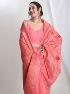 Janasya Peach Linen Blend Floral Jacquard Saree - Distacart