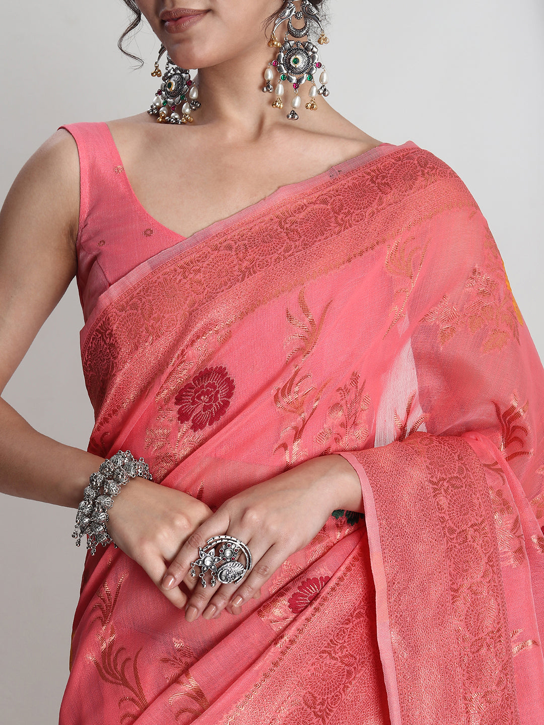 Janasya Peach Linen Blend Floral Jacquard Saree - Distacart