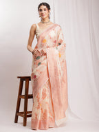 Janasya Orange Linen Blend Floral Jacquard Saree - Distacart