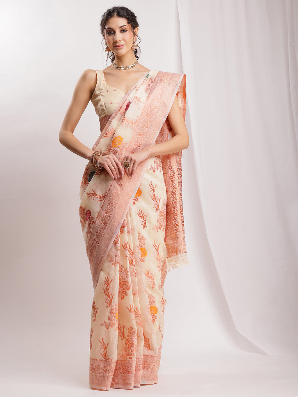 Janasya Orange Linen Blend Floral Jacquard Saree - Distacart