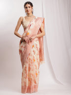 Janasya Orange Linen Blend Floral Jacquard Saree - Distacart