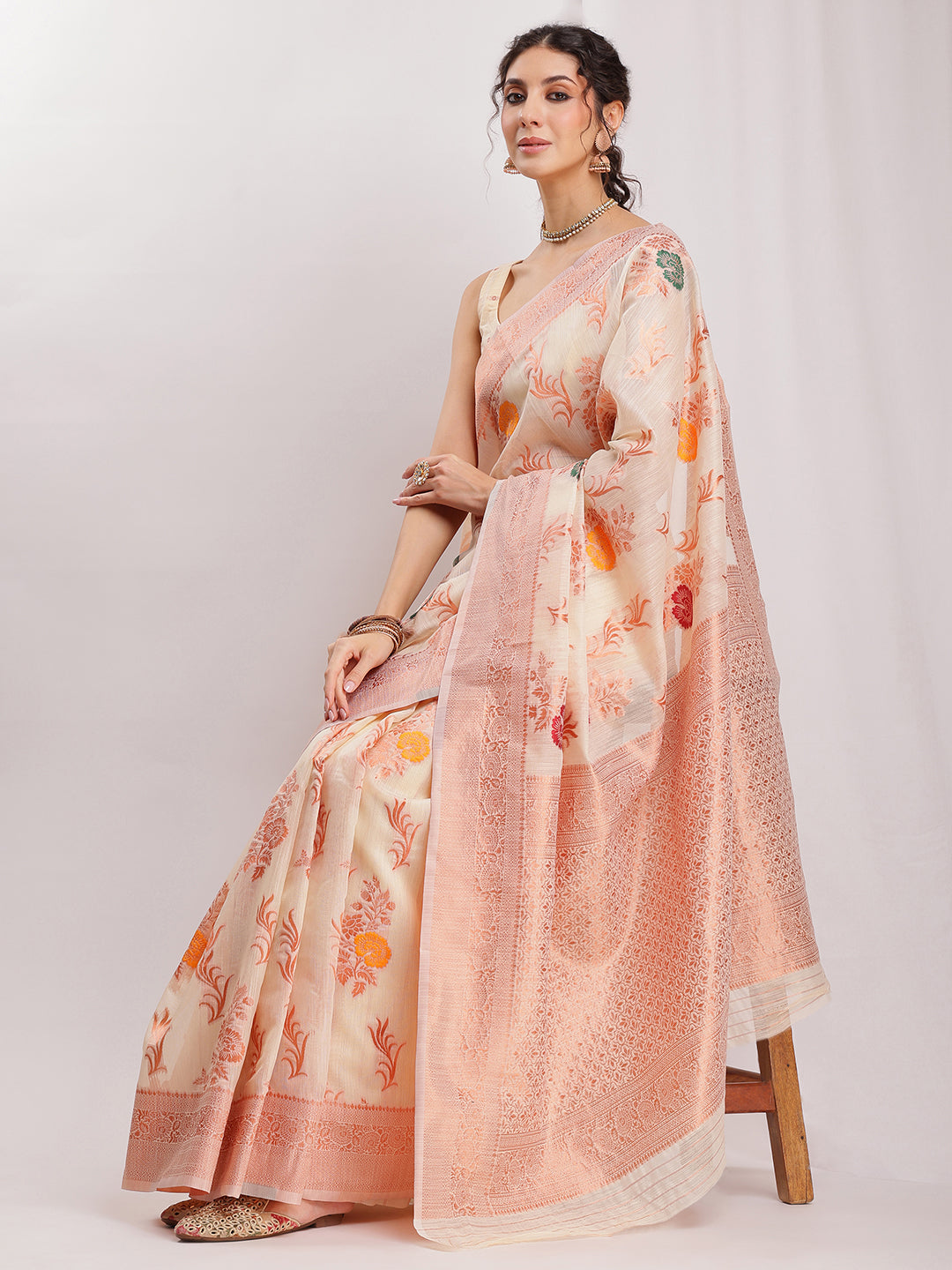 Janasya Orange Linen Blend Floral Jacquard Saree - Distacart