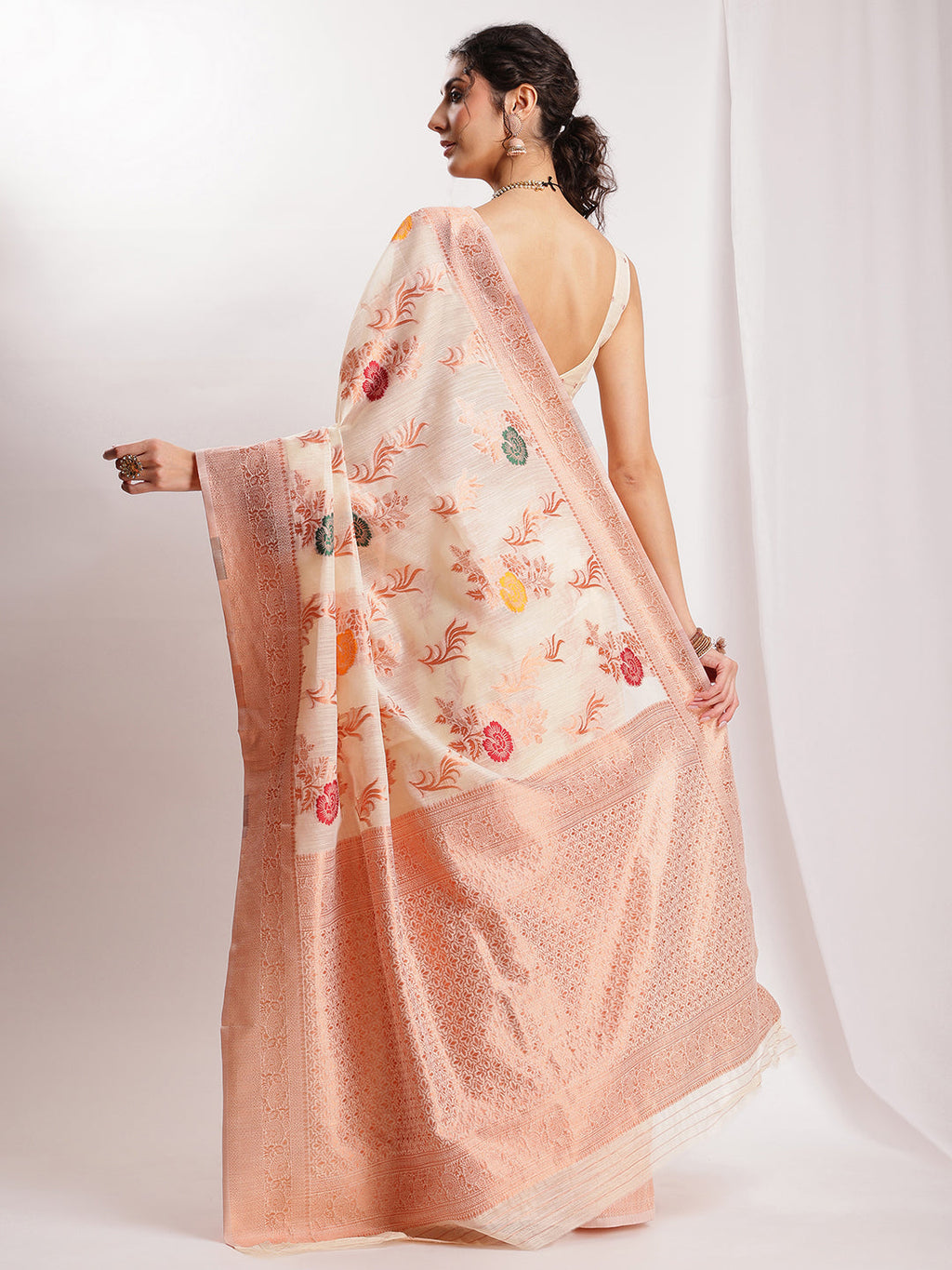 Janasya Orange Linen Blend Floral Jacquard Saree - Distacart