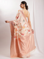 Janasya Orange Linen Blend Floral Jacquard Saree - Distacart