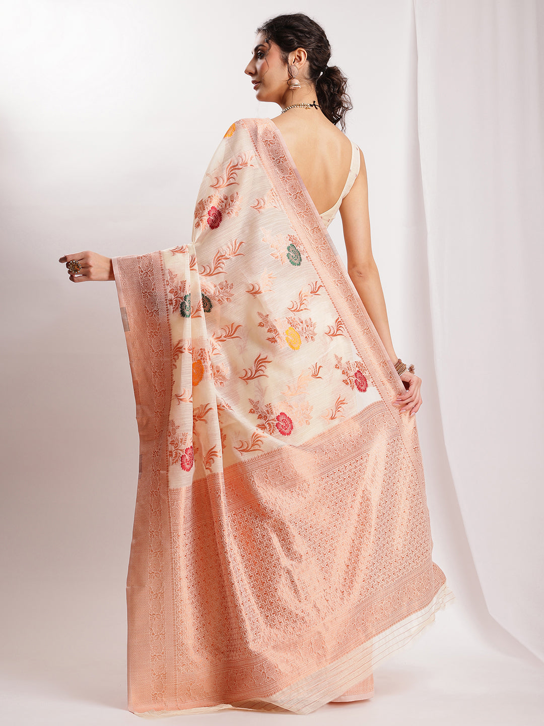 Janasya Orange Linen Blend Floral Jacquard Saree - Distacart