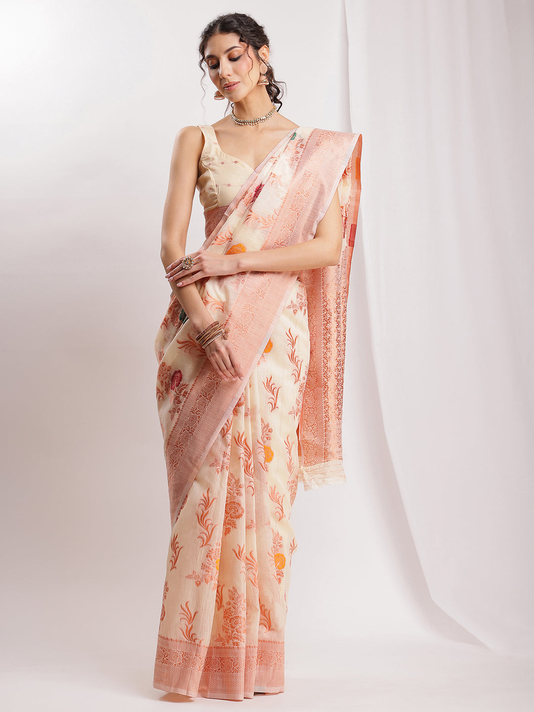 Janasya Orange Linen Blend Floral Jacquard Saree - Distacart