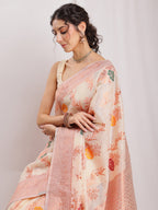 Janasya Orange Linen Blend Floral Jacquard Saree - Distacart