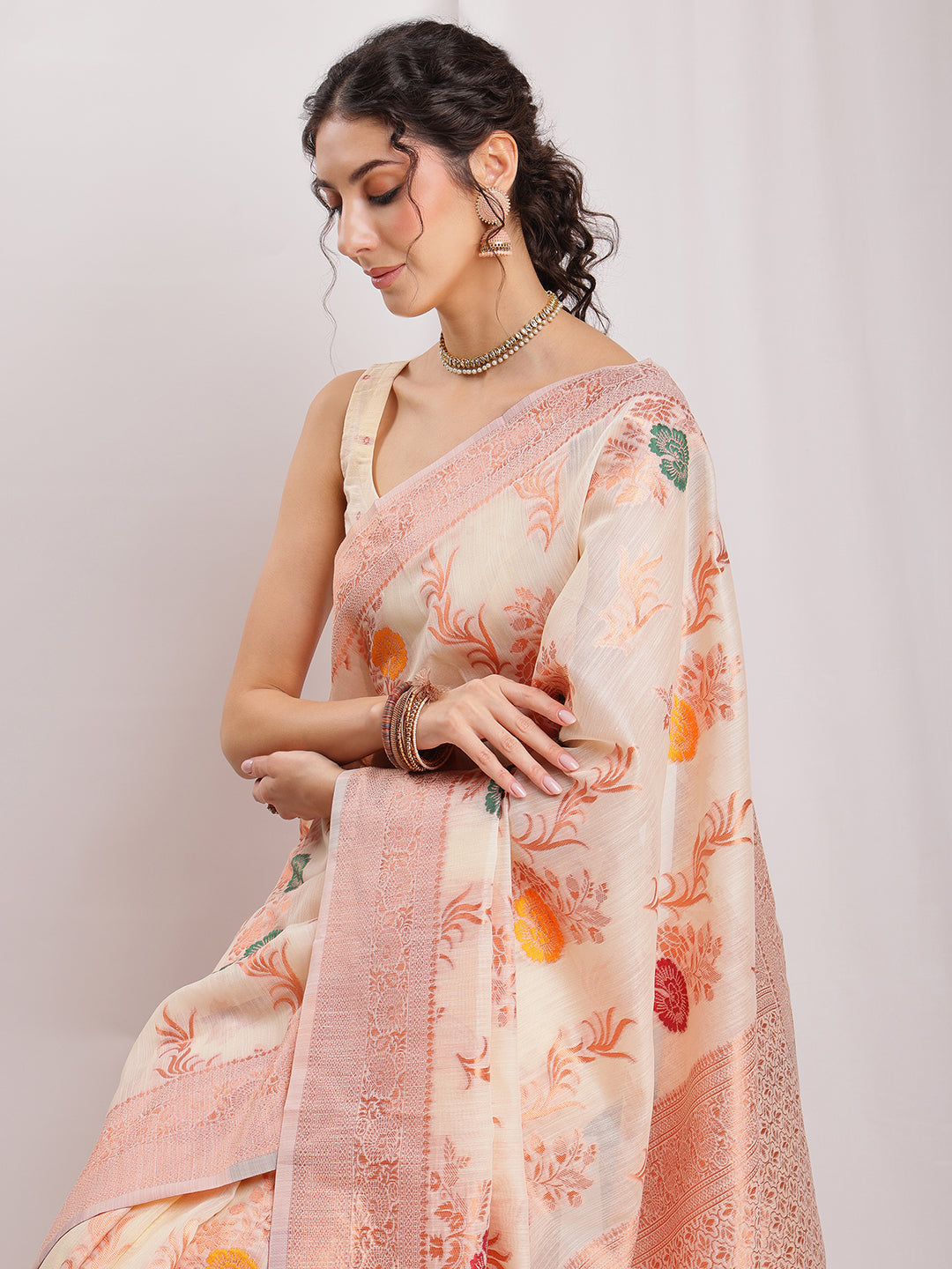 Janasya Orange Linen Blend Floral Jacquard Saree - Distacart