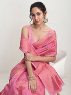 Janasya Pink Linen Blend Floral Jacquard Saree - Distacart