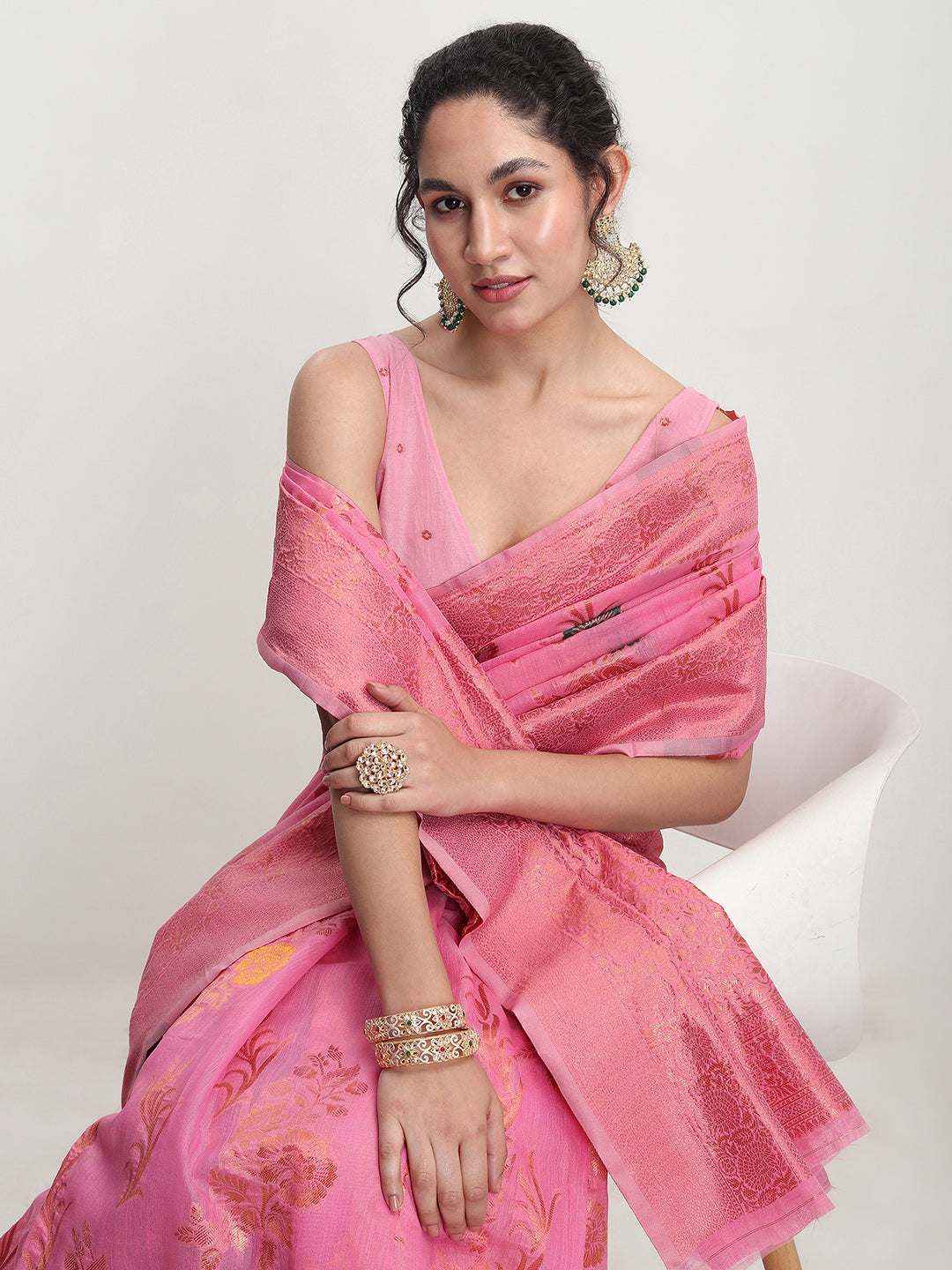 Janasya Pink Linen Blend Floral Jacquard Saree - Distacart