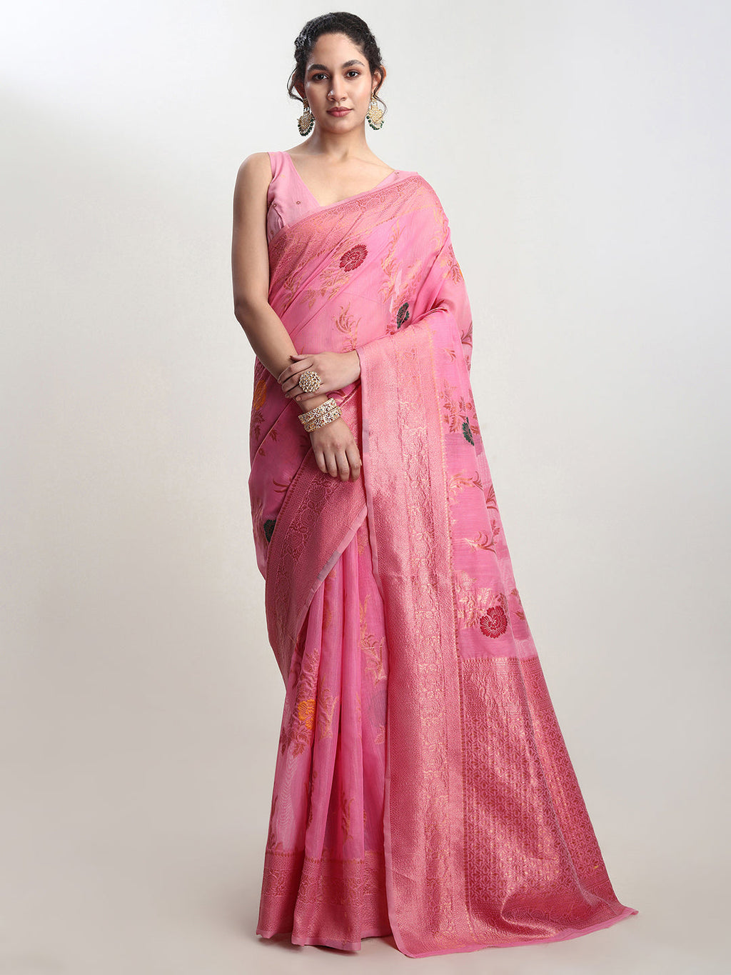 Janasya Pink Linen Blend Floral Jacquard Saree - Distacart