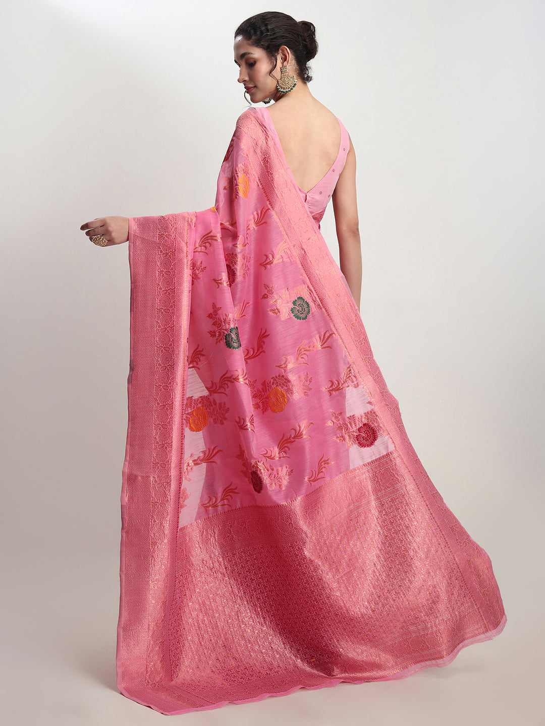 Janasya Pink Linen Blend Floral Jacquard Saree - Distacart