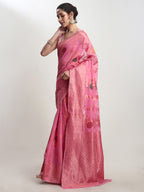Janasya Pink Linen Blend Floral Jacquard Saree - Distacart