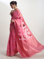 Janasya Pink Linen Blend Floral Jacquard Saree - Distacart