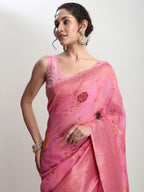 Janasya Pink Linen Blend Floral Jacquard Saree - Distacart