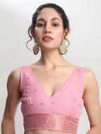 Janasya Pink Linen Blend Floral Jacquard Saree - Distacart