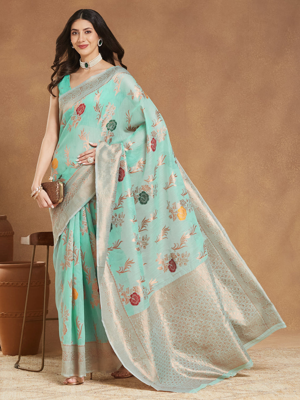 Janasya Sea Blue Linen Blend Floral Jacquard Saree - Distacart