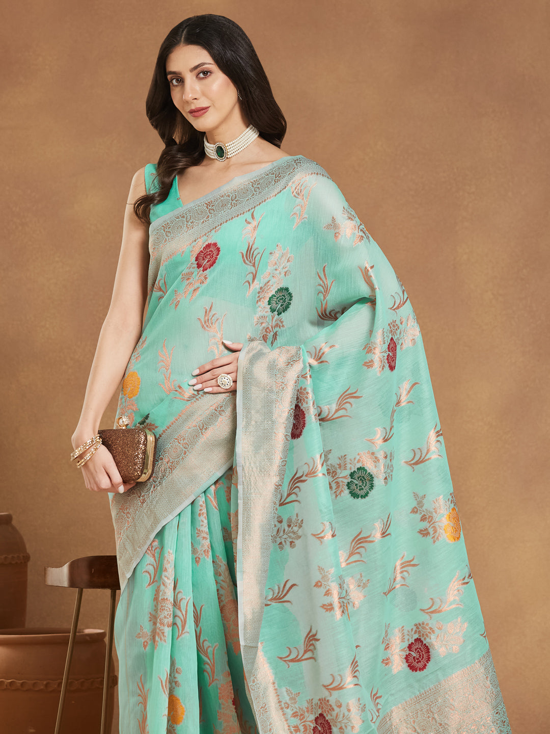 Janasya Sea Blue Linen Blend Floral Jacquard Saree - Distacart