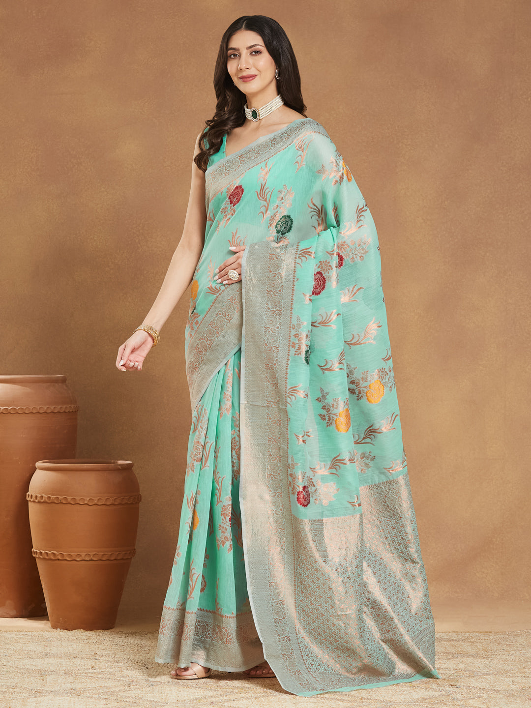 Janasya Sea Blue Linen Blend Floral Jacquard Saree - Distacart