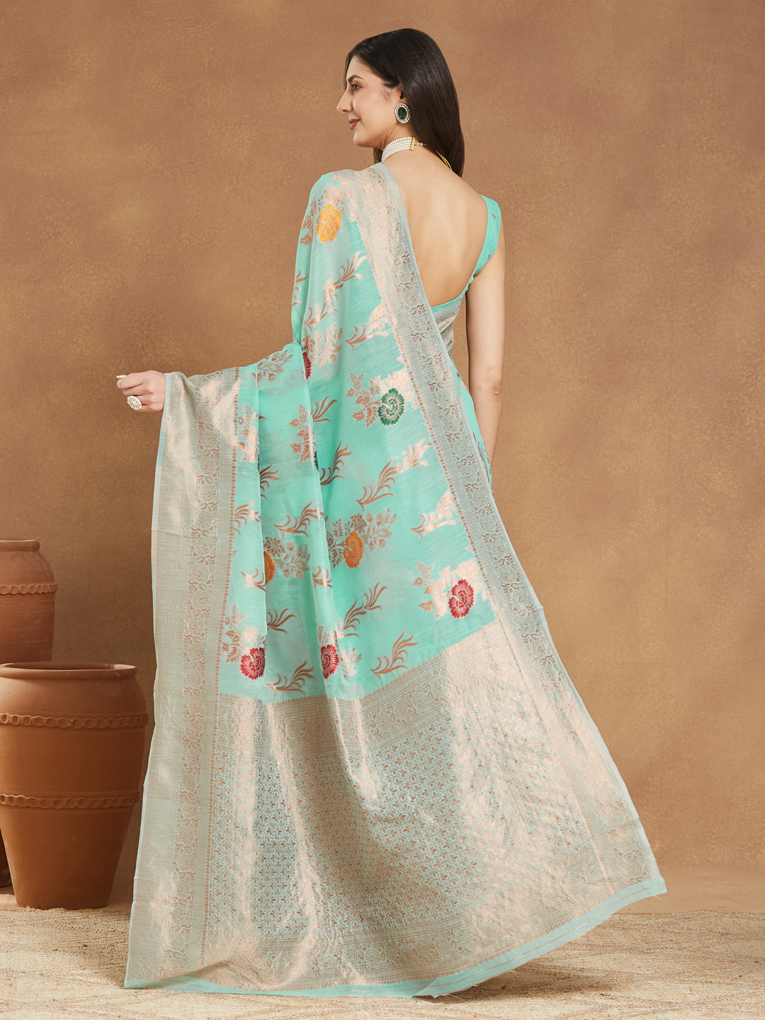 Janasya Sea Blue Linen Blend Floral Jacquard Saree - Distacart