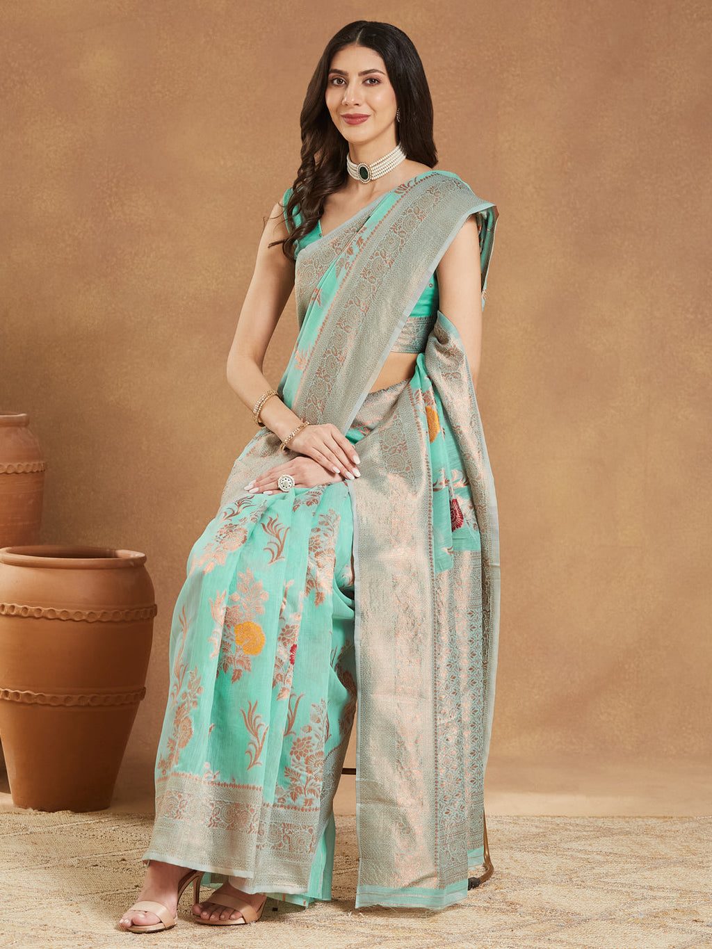 Janasya Sea Blue Linen Blend Floral Jacquard Saree - Distacart