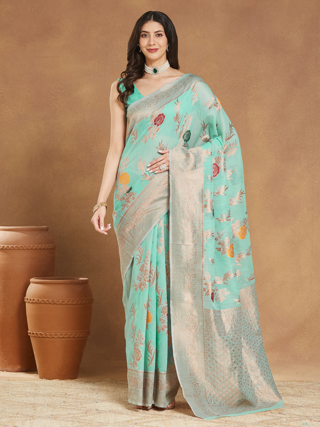 Janasya Sea Blue Linen Blend Floral Jacquard Saree - Distacart