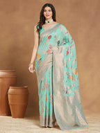 Janasya Sea Blue Linen Blend Floral Jacquard Saree - Distacart