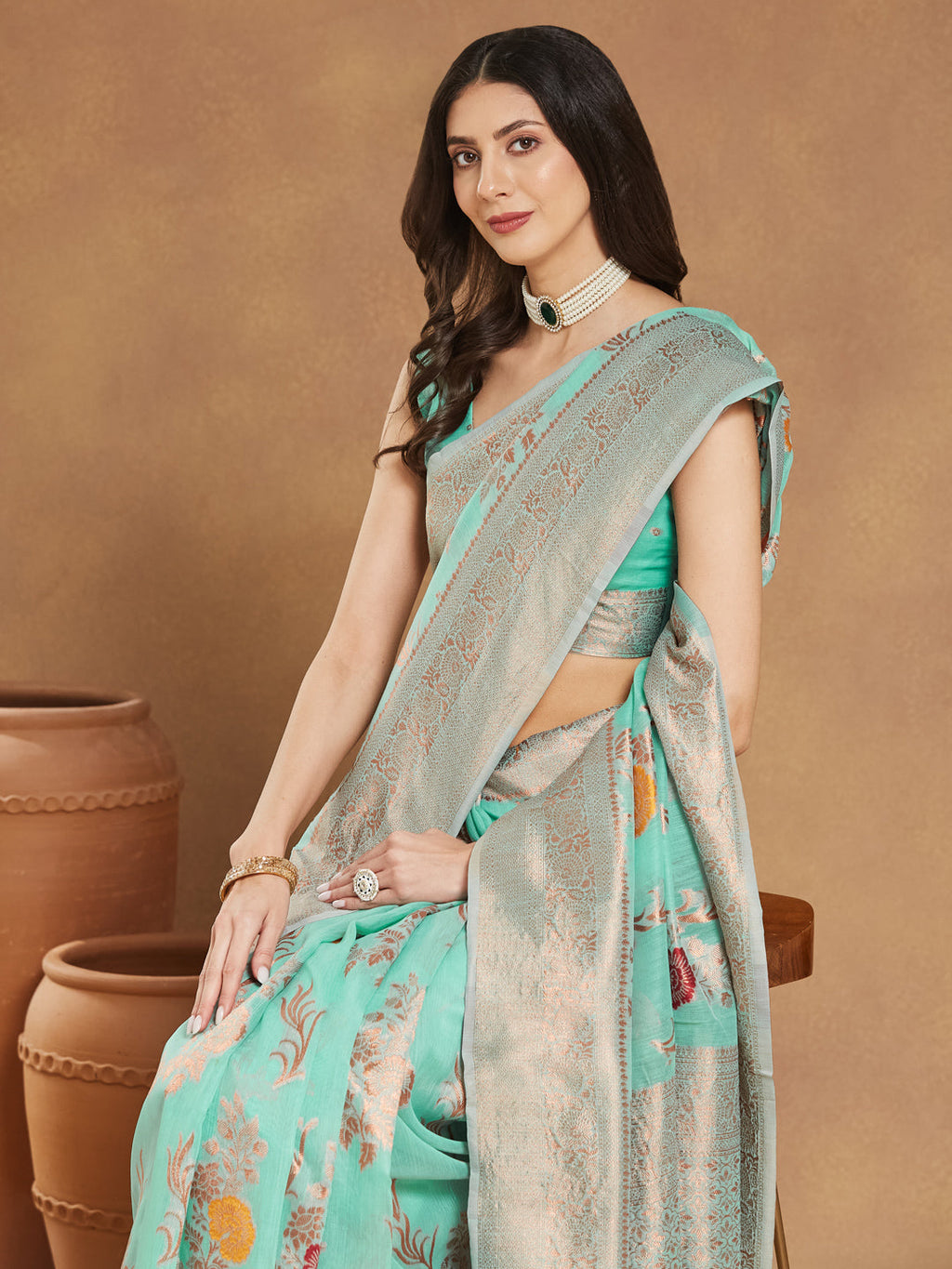 Janasya Sea Blue Linen Blend Floral Jacquard Saree - Distacart