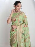 Janasya Light Green Linen Blend Floral Jacquard Saree - Distacart