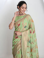 Janasya Light Green Linen Blend Floral Jacquard Saree - Distacart