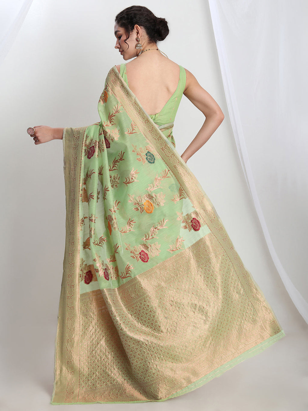 Janasya Light Green Linen Blend Floral Jacquard Saree - Distacart