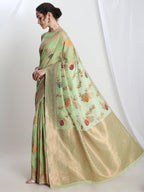 Janasya Light Green Linen Blend Floral Jacquard Saree - Distacart