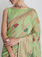 Janasya Light Green Linen Blend Floral Jacquard Saree - Distacart